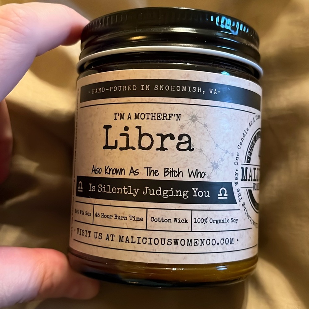 NEW Libra astrological sign candle ORGANIC SOY 9 oz 45 hr burn time EXOTIC HEMP